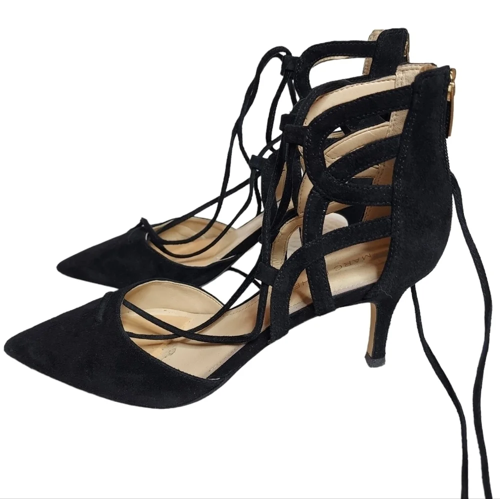 Marc Fisher Black Leather Suede Truthe Lace-up Pointed Toe Pumps Size 7.5